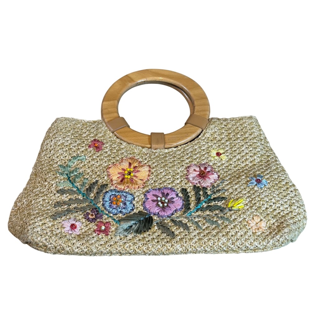 Floral Embroidered Woven Straw Handbag with Round Handles Tan Boho